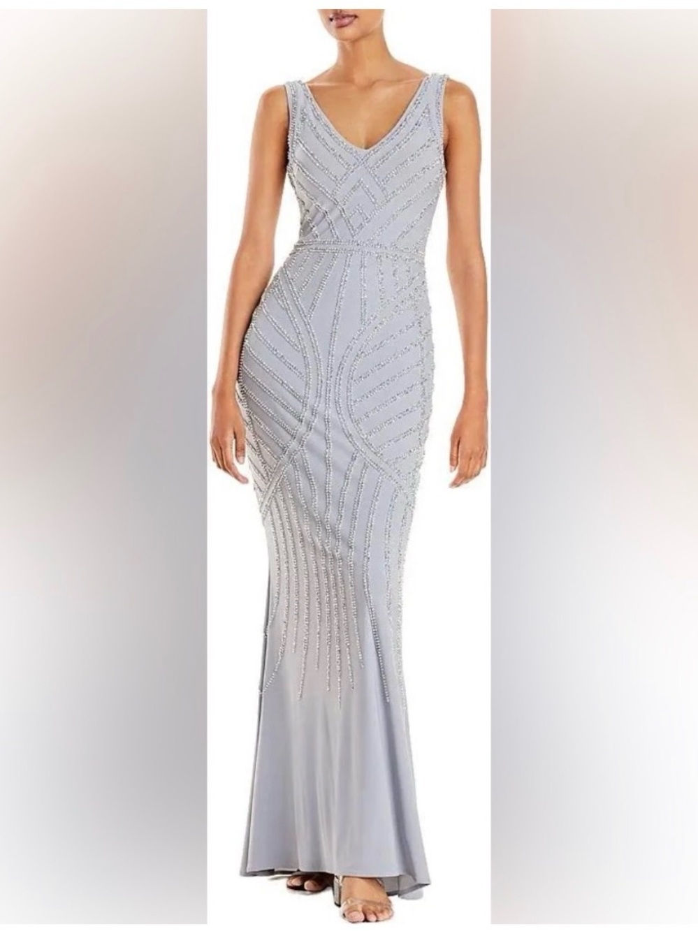 Brand New w/Tags Aqua Sleeveless Beaded V-Neck Maxi Dress in Light Gray